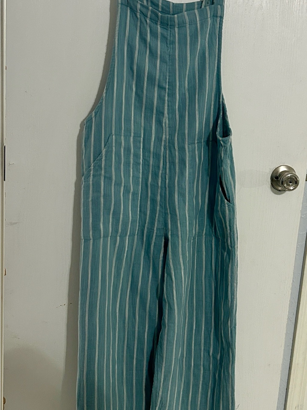 Billabong Teal and White Striped Linen Jumpsuit